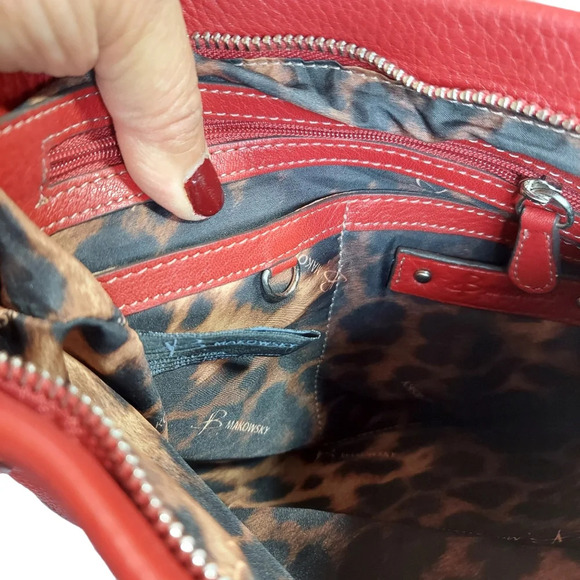 B Makowsy Red Pebbled Leather Crossbody Bag with Heavy Silver Charm - Picture 9 of 14